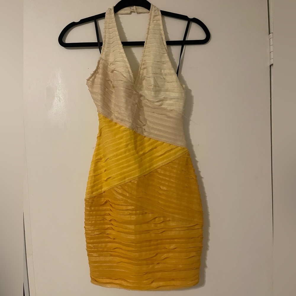 bebe Yellow and Cream Textured Mini Dress